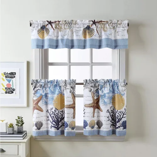 Vista 18 de Juego de 3 cortinas de cocina de tela de poliéster estampada azul aviación océano moderno impermeable blanco, cenefa de 42" de ancho x 12" de largo