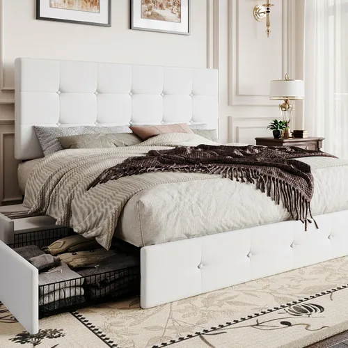 Vista 14 de SHA CERLIN Base de cama de plataforma tamaño matrimonial tapizada con 4 cajones de almacenamiento, cabecero ajustable con diseño cosido en cuadrados