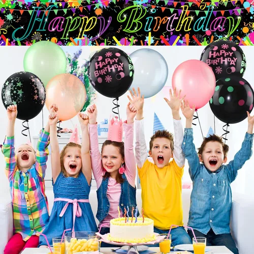 Vista 4 de Decoraciones de cumpleaños de neón – Cartel de fiesta brillante para patio y 20 globos que brillan en la oscuridad