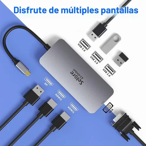 Vista 2 de Adaptador USB C a HDMI dual, estación de acoplamiento USB C 7 en 1 a puerto HDMI dual VGA, USB a 3USB 2.0, adaptador de monitor múltiple para Dell