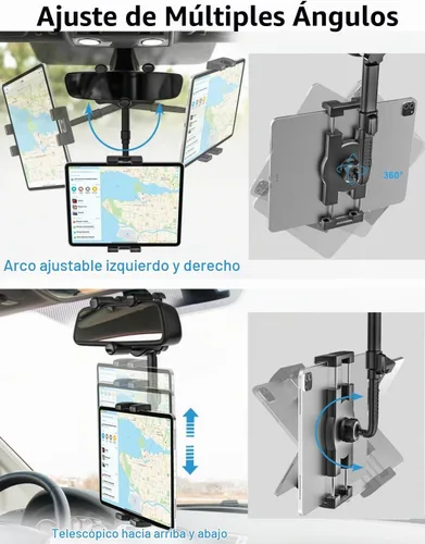 Vista 5 de Soporte para tableta de espejo retrovisor para automóvil, soporte para tableta de automóvil, clip universal giratorio de 360°, para iPad Pro Air
