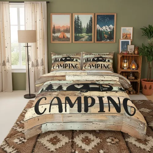 Vista 16 de Juego de ropa de cama con temática de cámper, juego de edredón de cabaña de madera marrón y verde, tamaño matrimonial, 3 piezas, decoración de Multi