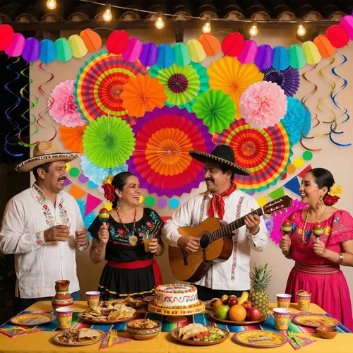 Vista 6 de Juego de 35 piezas de decoración para fiesta con abanicos de papel - Pom Poms del Cinco de Mayo, banderines, guirnaldas, pancartas, remolinos