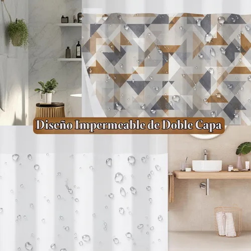 Vista 4 de No Hook Geometric Shower Curtain with Snap in Liner - 71″W x 74″L Waterproof Fabric with Mesh Top Window, Modern Abstract Triangle Design Bath
