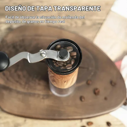 Vista 6 de Molinillo de café manual con 56 ajustes precisos de molienda externamente ajustable, mango largo plegable, cuerpo de grano de madera y rebabas