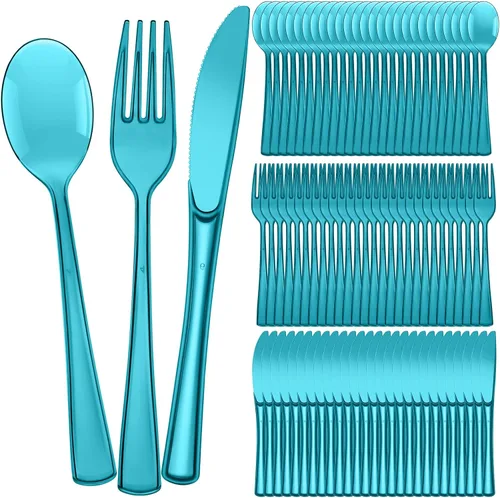 Vista 17 de Minatee Juego de 150 piezas de cubiertos desechables de plástico, juego de cubiertos de acero inoxidable resistente, 50 tenedores, 50 cuchillos, 50