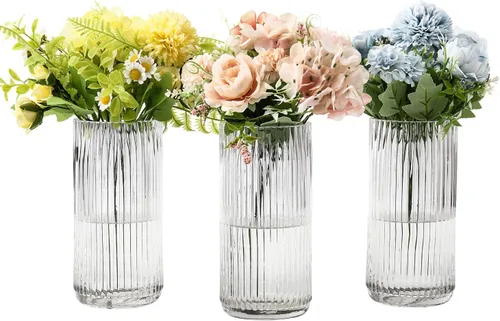Vista 20 de Jarrón de vidrio ámbar, florero de cristal, jarrón de vidrio acanalado, moderno jarrón para flores, jarrón alto de vidrio para sala de estar, mesa