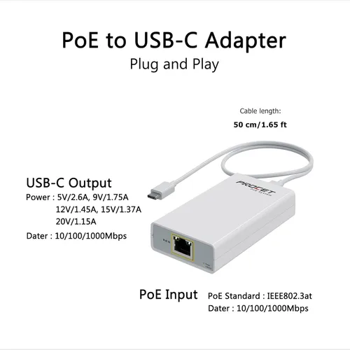 Vista 2 de Convertidor Gigabit PoE a USB C, adaptador USB-C a Ethernet con carga de 23