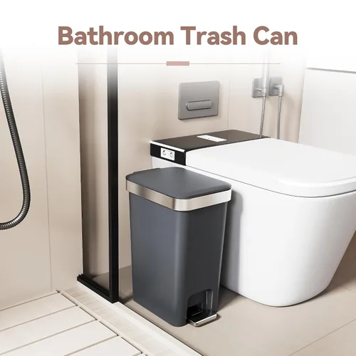 Vista 7 de Cubo de basura pequeño para baño con tapa de cierre suave, cubo de basura delgado de 10 litros/2.6 galones, escalón de metal y tapa superior