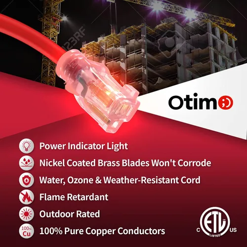 Vista 4 de Otimo SJTW rojo de 25 pies, 12/3, cable de extensión prémium para exteriores, enchufe transparente con 3 puntas, 15A 1875W, resistente al agua y a
