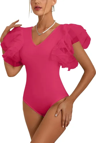 Vista 4 de LYANER Leotardo elástico con cuello en V y mangas de mariposa para mujer