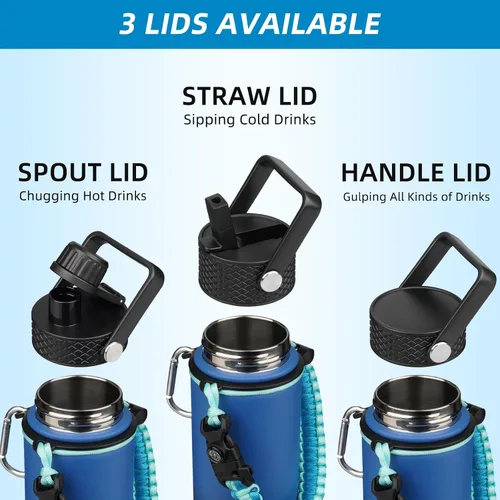 Vista 3 de BJPKPK - Botella de agua con tapa de popote, botellas de agua aisladas de 18 onzas con 3 tapas, asa de cuerda de paracaídas y base antideslizante