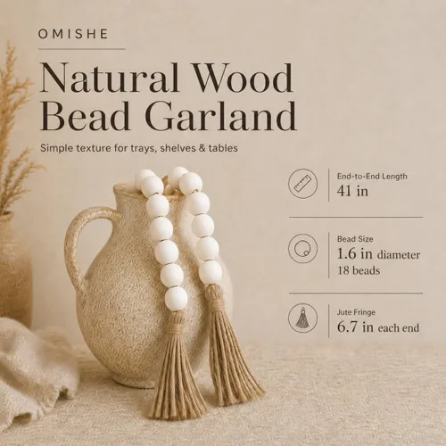 Vista 193 de OMISHE Guirnalda de cuentas de madera extra grande con cuentas de madera y borlas de 1.6 pulgadas de diámetro, cuentas decorativas rústicas de 41