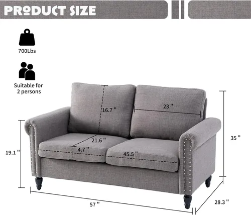 Vista 2 de J.C.UP Sofá biplaza de 57 pulgadas, sofás pequeños para sala de estar con tela de lino, cómodo sofá tapizado para dormitorio con patas de madera Gris