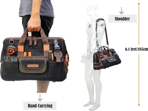 Vista 5 de WELKINLAND Bolsa de herramientas de lona encerada con 32 bolsillos, bolsa de herramientas resistente para electricistas, bolsas de herramientas