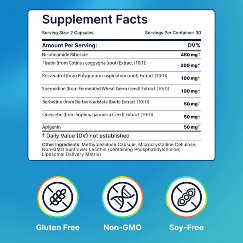 Vista 6 de Suplemento liposomal de nicotinamida ribósido NR Resveratrol NAD: Nicotinamida 500mg con fisetina, polvo de resveratrol espermidina berberina NAD