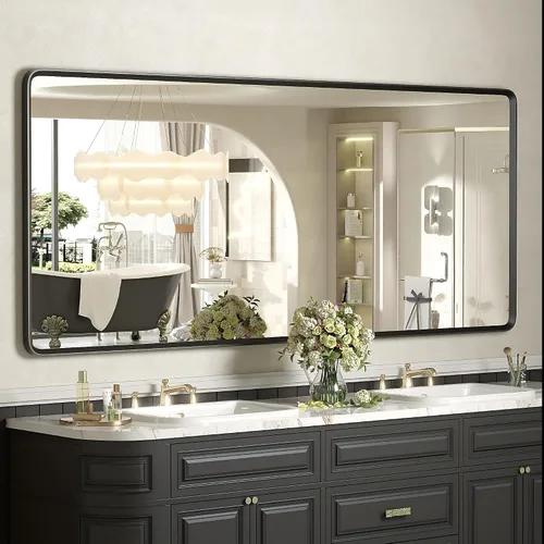 Vista 29 de Espejo rectangular con marco mate negro de 20x30 pulgadas para baño, espejo de tocador para pared de baño con esquinas redondeadas, antióxido y a