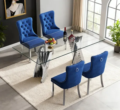 Vista 19 de Juego de mesa de comedor de cristal dorado de 5 piezas, 70 pulgadas, rectangular, moderna, para cocina y comedor, juego para 4, mesa de comedor