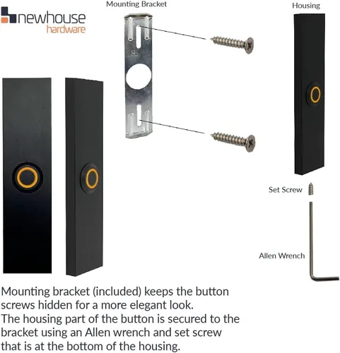 Vista 7 de Newhouse Hardware Botón de timbre de puerta de metal con cable iluminado rectangular en negro BT6RL, para timbre de puerta, zumbador o timbre, solo