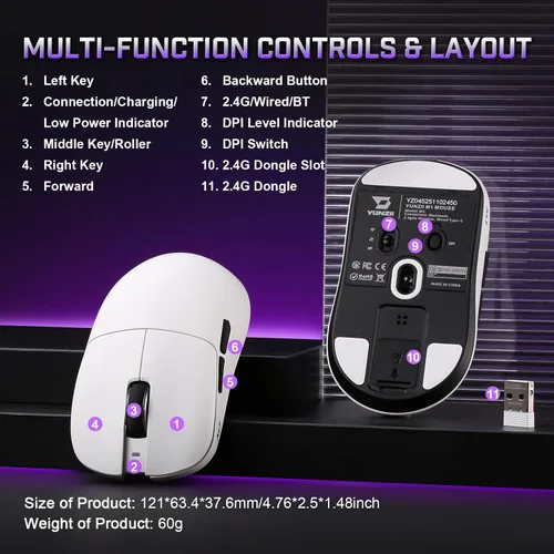 Vista 5 de YUNZII Ratón inalámbrico para juegos M1, Tri-Mode 2.4G/BT/mouse para juegos con cable, sensor PAW3311 10000 DPI recargable con 5 botones