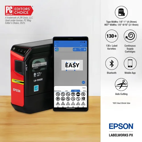 Vista 2 de LABELWORKS Epson LW-PX400 Kit Completo de Etiquetador Industrial - Kit Completo con Accesorios, Tubo Termoretráctil y Envoltura Autolaminante