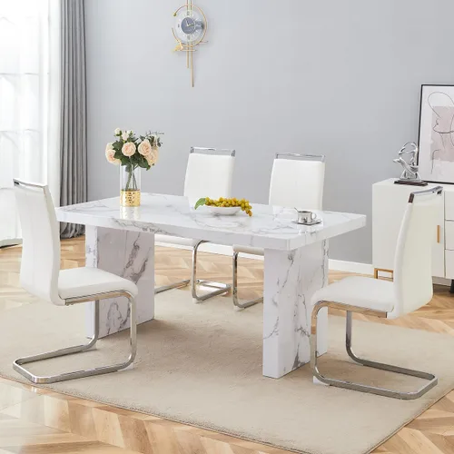 Vista 62 de gopop Mesa de comedor de mármol de 63 pulgadas, tablero de mesa de comedor MDF con patrón de mármol y base para cocina y comedor.