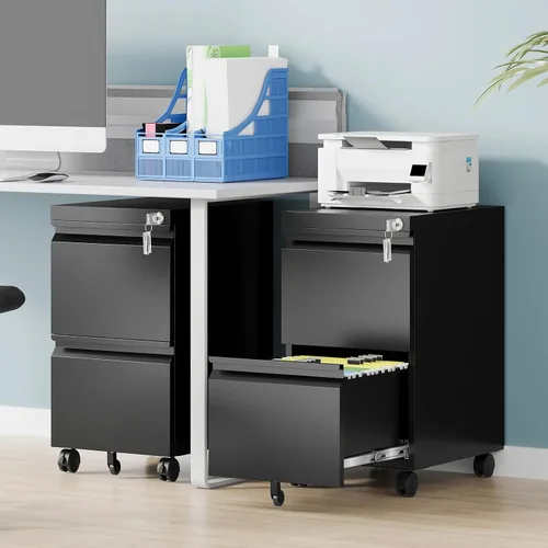 Vista 2 de Gabinete archivador de 2 cajones, gabinetes archivadores móviles totalmente montados con cerradura, gabinete archivador de metal rodante con ruedas