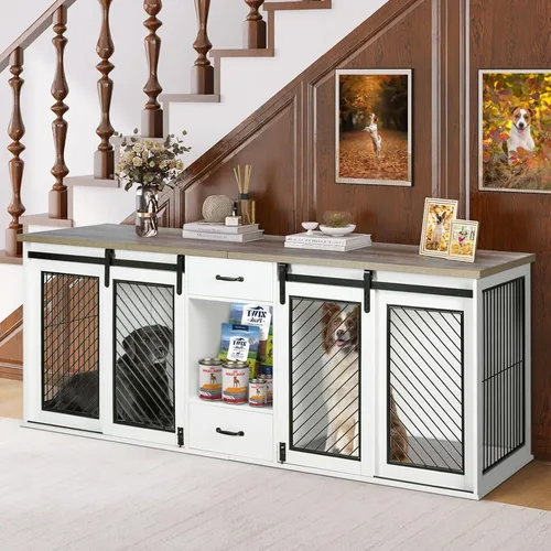 Vista 8 de Mueble de jaula para perros extra grandes, puerta corredera de 85 pulgadas, doble perrera para 2 perros grandes divididos, muebles de madera