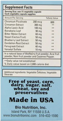 Vista 3 de Bio Nutrition - Bienestar del Azúcar en la Sangre - 60 Cápsulas Vegetarianas
