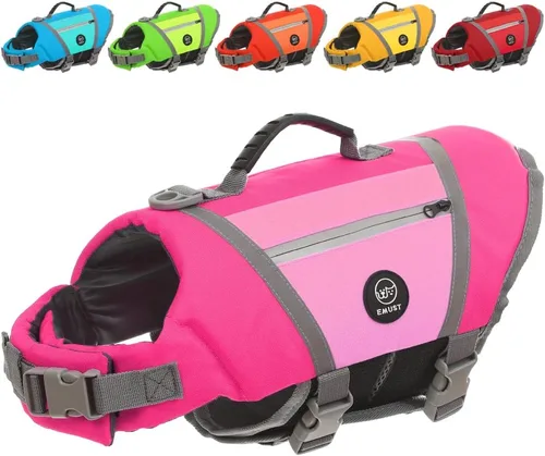 Vista 12 de EMUST Chaleco salvavidas para perro, chaqueta ligera con bolsillos, elegante preservador con asa de rescate y rayas reflectantes para nadar