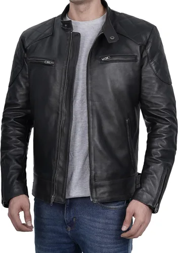 Vista 2 de Decrum Chaqueta de cuero para hombre - Chaqueta de cuero de piel de cordero real estilo Cafe Racer estilo casual para motocicleta para hombre