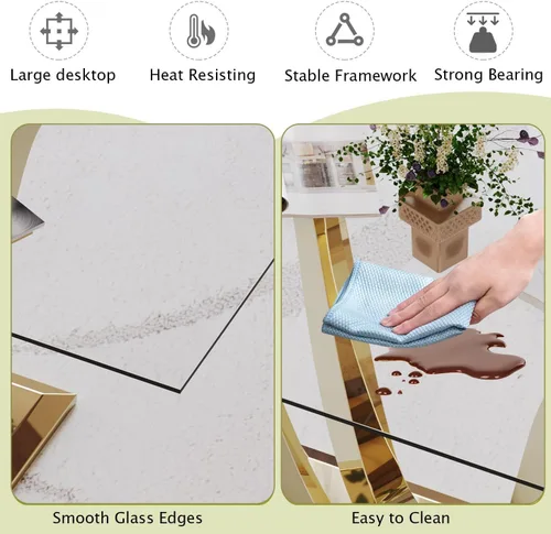 Vista 6 de Mesa de comedor de vidrio de 70 pulgadas para 4-8 personas, parte superior de vidrio templado y base de acero inoxidable en U dorada, escritorio