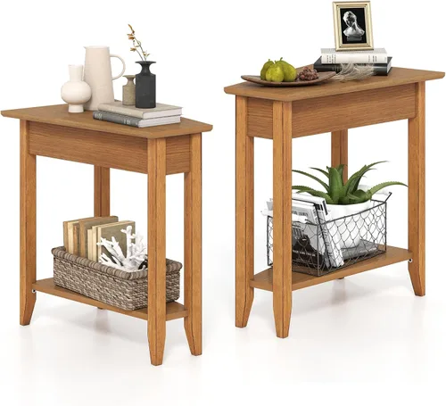Vista 13 de GIANTEX Mesa auxiliar de cuña, mesa auxiliar triangular con estante de almacenamiento y patas de madera maciza, mesa reclinable, mesita de noche