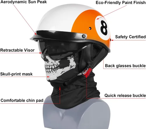 Vista 8 de Medio casco de motocicleta con visera para adultos y jóvenes, cascos retro aprobados por DOT para hombres y mujeres, compatibles con ciclomotor
