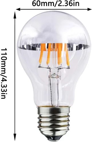 Vista 2 de Lxcom Lighting Bombilla LED A19 mitad cromada plateada de 8 W, regulable, bombillas de espejo con punta plateada equivalente a 80 W, blanco cálido