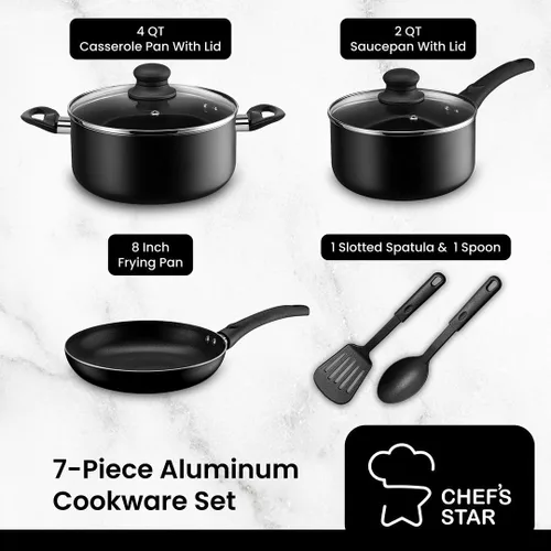 Vista 2 de Chef's Star Juego de 7 Piezas de Ollas y Sartenes Antiadherentes, Apto para Lavavajillas, Juego de Utensilios de Cocina de Aluminio con Tapas, Juego