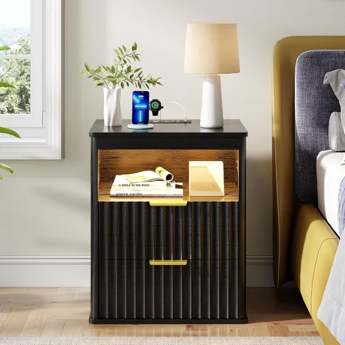 Vista 3 de Gurexl Mesita de noche inteligente con altavoz Bluetooth, moderna mesita de noche con luces LED RGB y estación de carga inalámbrica, soporte