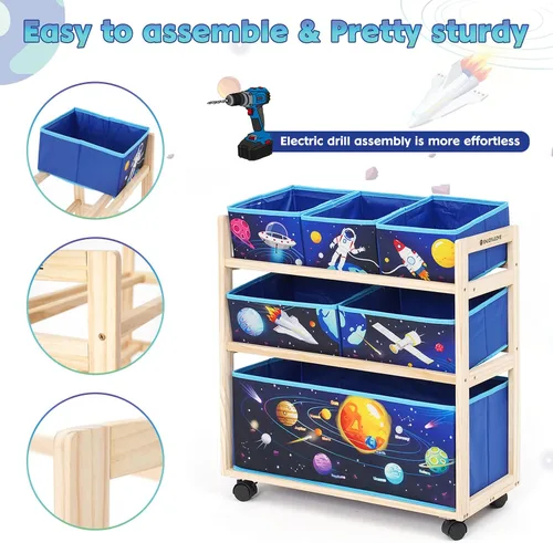 Vista 4 de Jomifin Organizador de almacenamiento de juguetes para niños con ruedas, carrito rodante con 6 contenedores de almacenamiento extraíbles para Azul