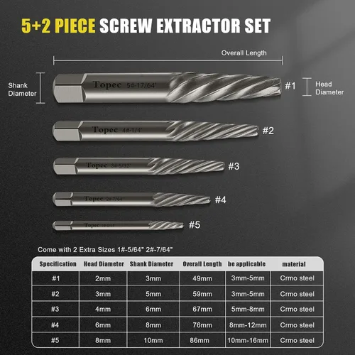 Vista 2 de TOPEC Juego de extractor de tornillos dañados, 7 piezas extractoras de pernos fáciles de sacar para quitar fácilmente pernos rotos, tornillos