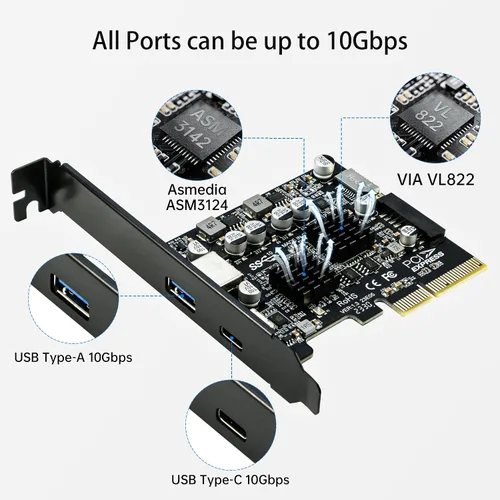 Vista 2 de Tarjeta PCIe USB 3.1, adaptador RIITOP PCI-e 3.0 x4 a USB 3.2 Gen2 (10Gbps) se expande a 20 pines + tipo E + 1 USB 3.0 + 1 USB C