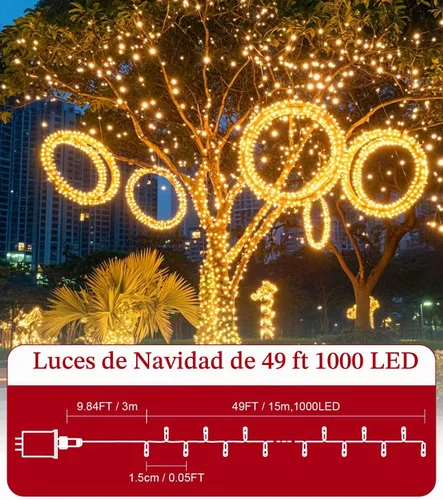 Vista 3 de Tira de luces de Navidad de 1000 LED de color blanco cálido de 49 pies para exteriores, con 8 modos, impermeable IP44, enchufable, para árbol