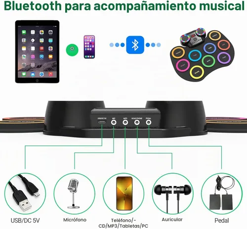 Vista 6 de ROCKSOCKI Juego de Tambor Electrónico de 9 Almohadillas con Luces LED, Kit de Tambor Electrónico Portátil Bluetooth, Almohadilla de Práctica