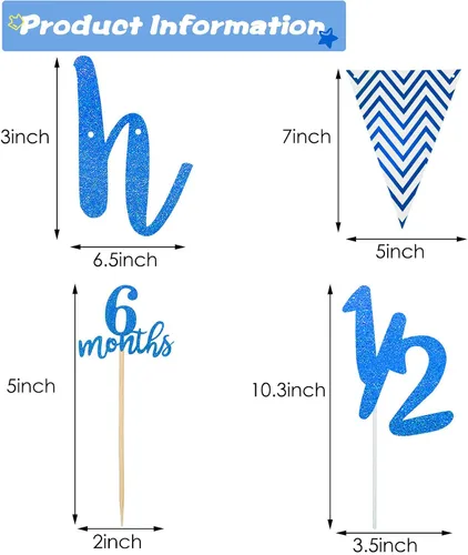 Vista 2 de Skylety Decoraciones de 1/2 de mitad de cumpleaños, traje de 6 meses, pancarta de bebé, decoración de cupcakes, bandera triangular, globos de Azul