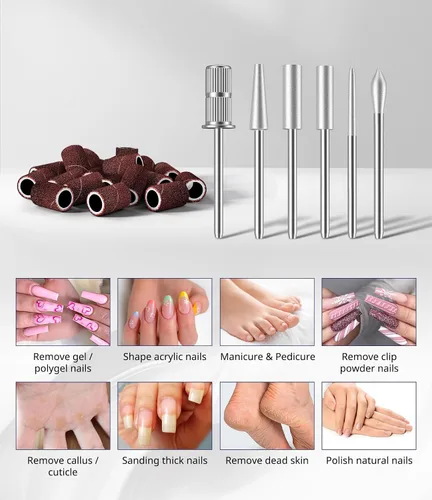 Vista 6 de AIRSEE Taladro de uñas de 20000 RPM para el hogar y el salón, lima de uñas eléctrica portátil para manicura y pedicura con 6 brocas y 26 bandas