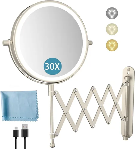 Vista 11 de 8" recargable montado en la pared espejo de maquillaje aumento echado a un lado doble 5000mAh Lighted Magnifying Mirror with 3 Color Lights Touch