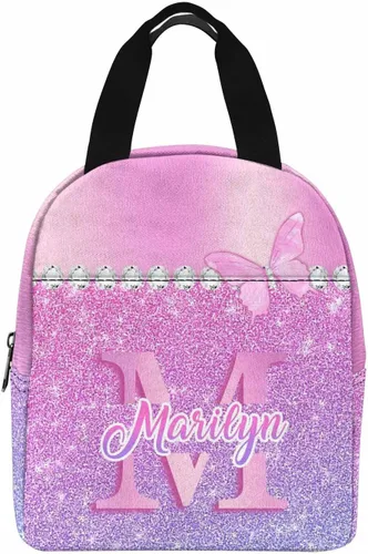 Vista 6 de InterestPrint Bolsa de almuerzo con nombre personalizado para hombres y mujeres, diseño de mariposa rosa y azul personalizada, caja de almuerzo