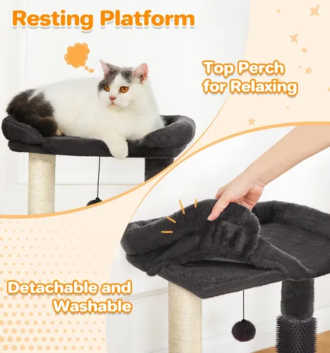 Vista 6 de Made4Pets - Torre de árbol pequeño para gatos, poste rascador para gatos 4 en 1 con cepillo de aseo para gatos, rascador de sisal natural de 20 Gris