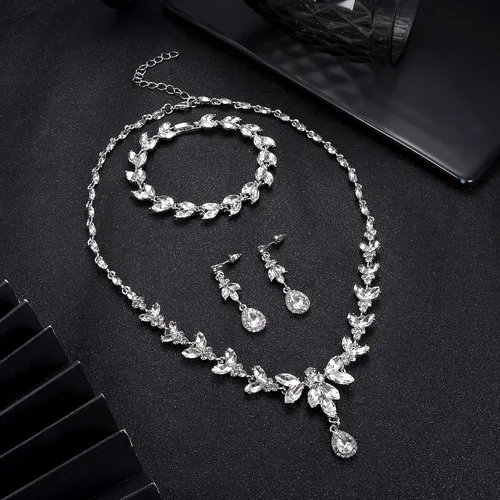 Vista 7 de FIASASO Juego de collar y aretes colgantes para mujer, dama de honor, joyería de cristal para novia, boda, compromiso, fiesta, baile de graduación