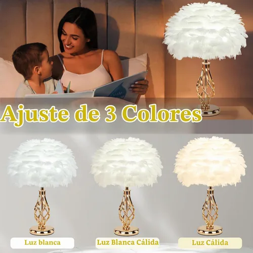 Vista 3 de Lámpara de Mesa de Pluma con Base de Jaula Espiral Dorada Única - Luz de 3 Temperaturas de Color, Perfecta para Mesita de Noche del Dormitorio