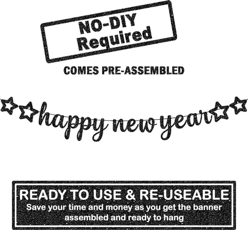 Vista 2 de KatchOn, Cartel de feliz año nuevo con purpurina negra – 10 pies, sin bricolaje Cartel negro de feliz año nuevo Suministros para fiesta de Año